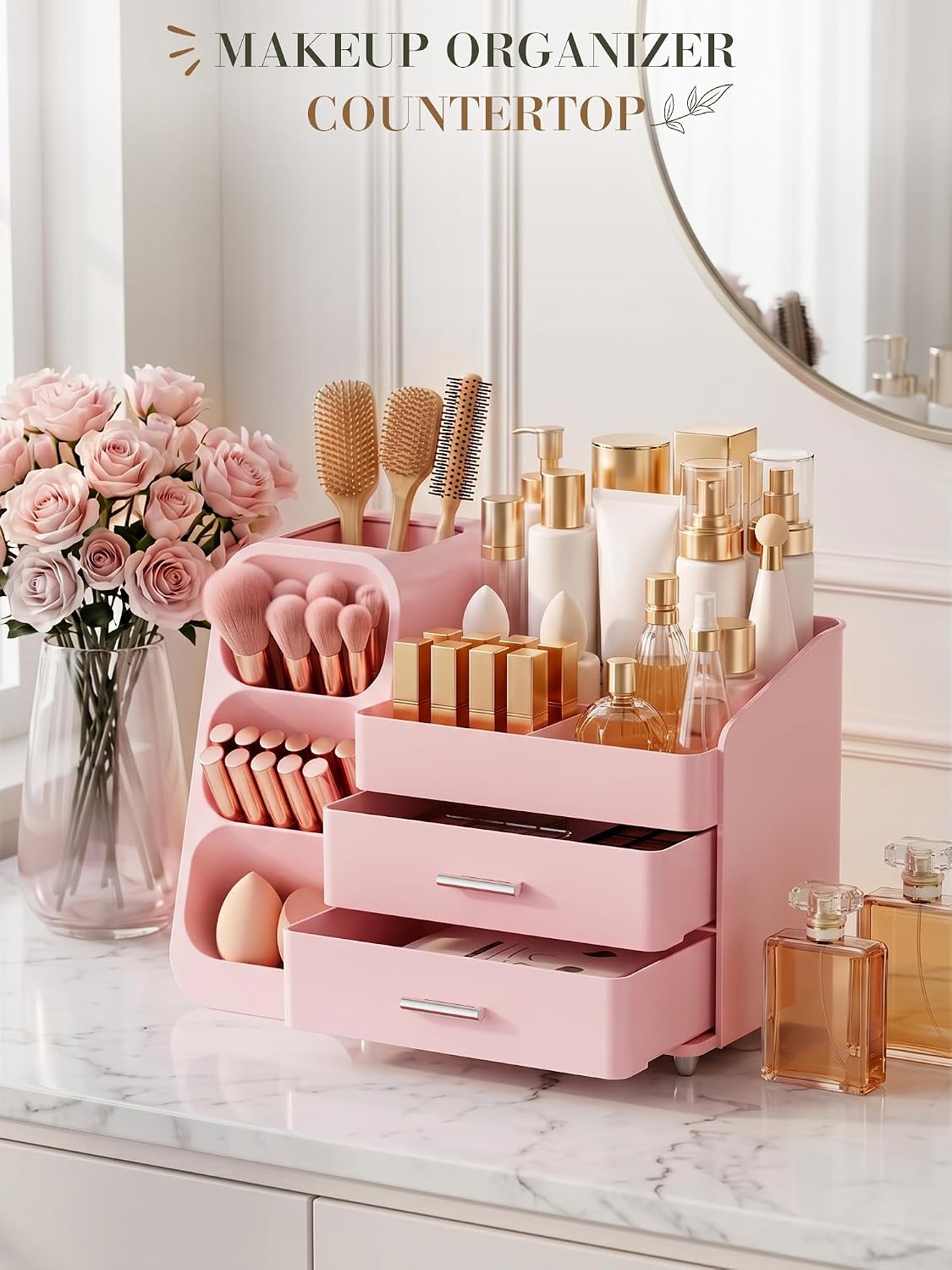 Pink Makeup Organizer with Drawer for Bathroom Countertop Dresser Desk