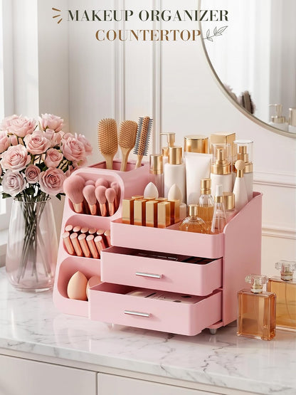 Pink Makeup Organizer with Drawer for Bathroom Countertop Dresser Desk