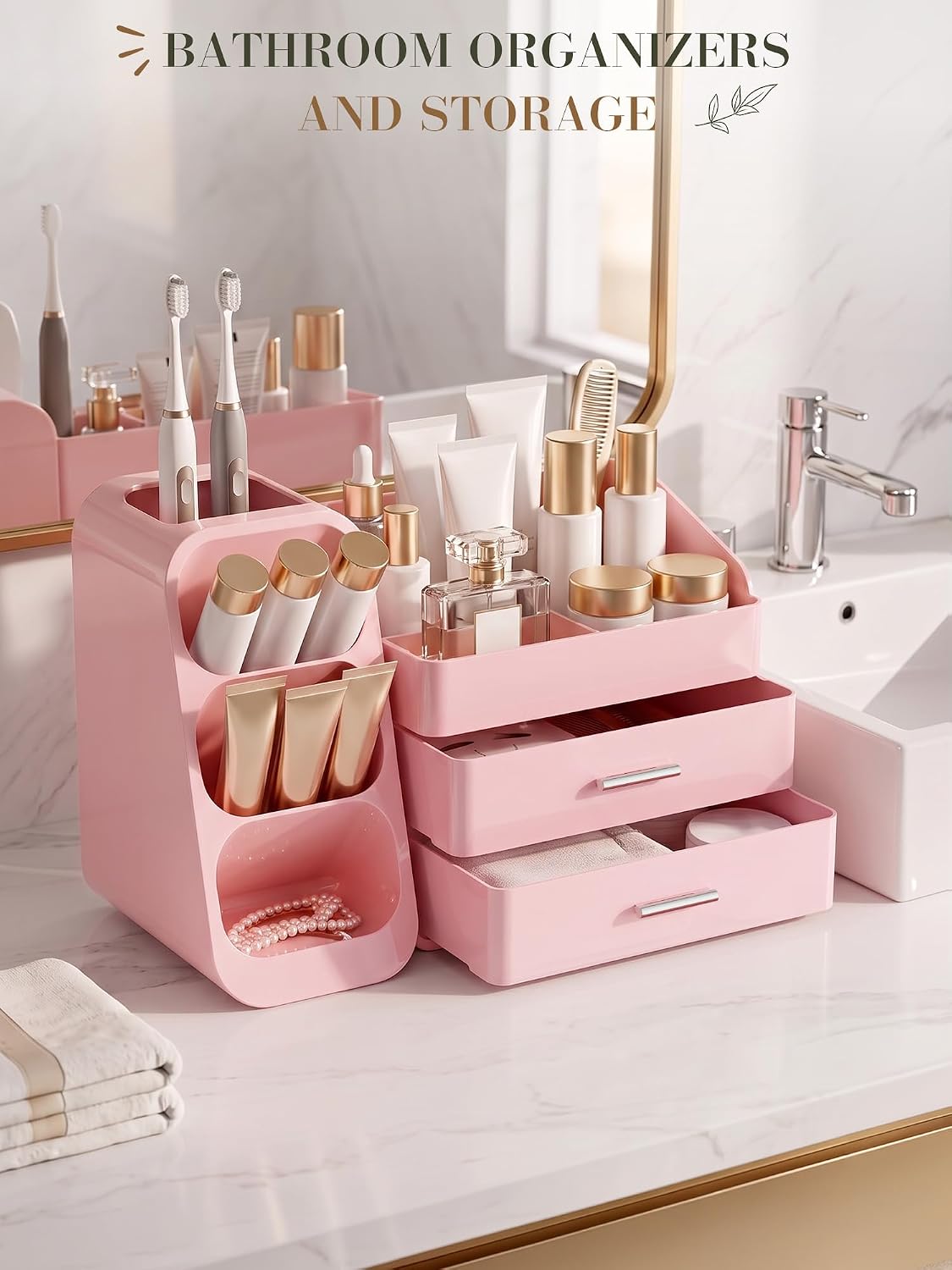 Pink Makeup Organizer with Drawer for Bathroom Countertop Dresser Desk