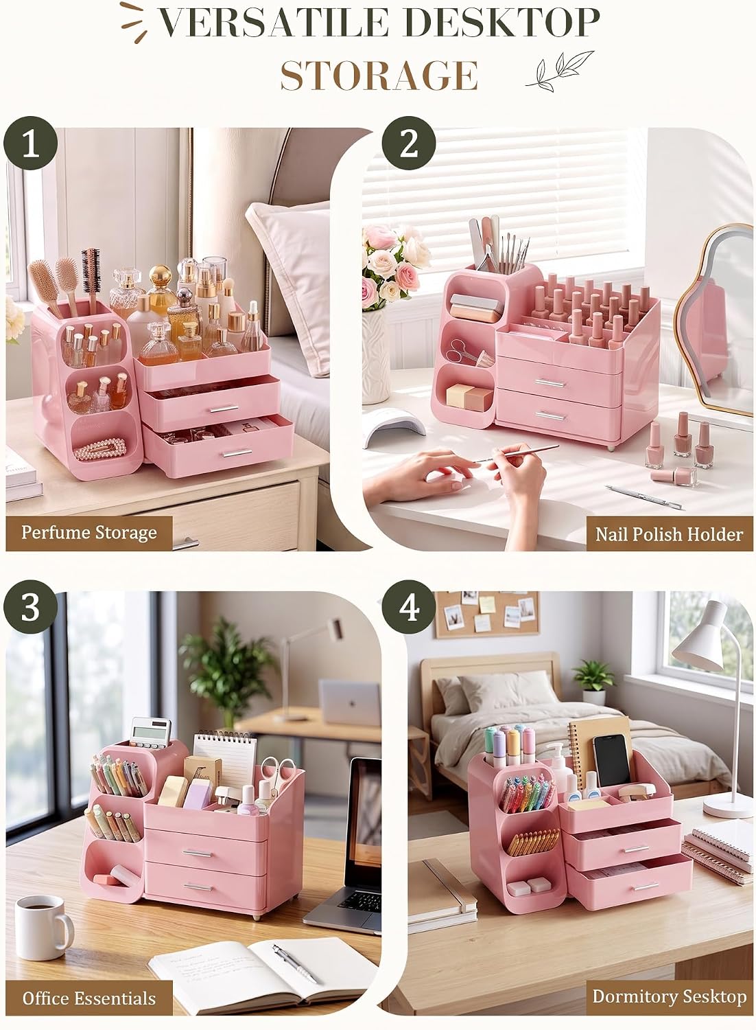 Pink Makeup Organizer with Drawer for Bathroom Countertop Dresser Desk