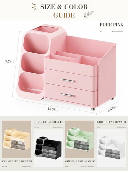 Pink Makeup Organizer with Drawer for Bathroom Countertop Dresser Desk