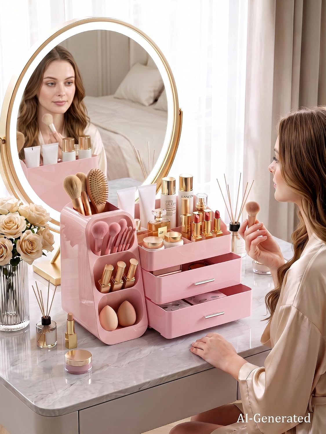 Pink Makeup Organizer with Drawer for Bathroom Countertop Dresser Desk