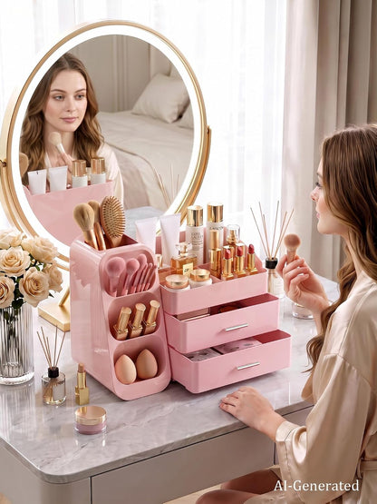 Pink Makeup Organizer with Drawer for Bathroom Countertop Dresser Desk