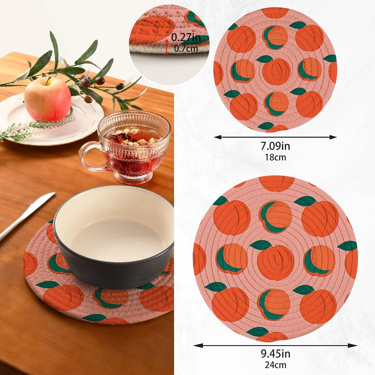 Trivets Peach Pattern Pot Holders Set of 2 Cotton Braided Hot Pads for Kitchen Table Mats Round Heat Resistant Placemats Absorbent Coasters for Dining Table Countertop Protection