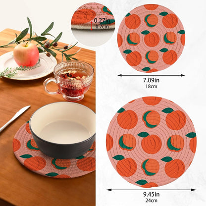 Trivets Peach Pattern Pot Holders Set of 2 Cotton Braided Hot Pads for Kitchen Table Mats Round Heat Resistant Placemats Absorbent Coasters for Dining Table Countertop Protection