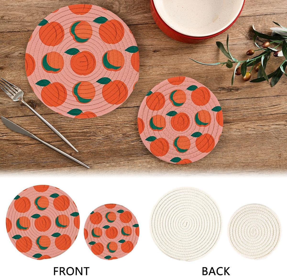 Trivets Peach Pattern Pot Holders Set of 2 Cotton Braided Hot Pads for Kitchen Table Mats Round Heat Resistant Placemats Absorbent Coasters for Dining Table Countertop Protection