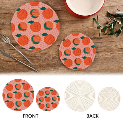 Trivets Peach Pattern Pot Holders Set of 2 Cotton Braided Hot Pads for Kitchen Table Mats Round Heat Resistant Placemats Absorbent Coasters for Dining Table Countertop Protection