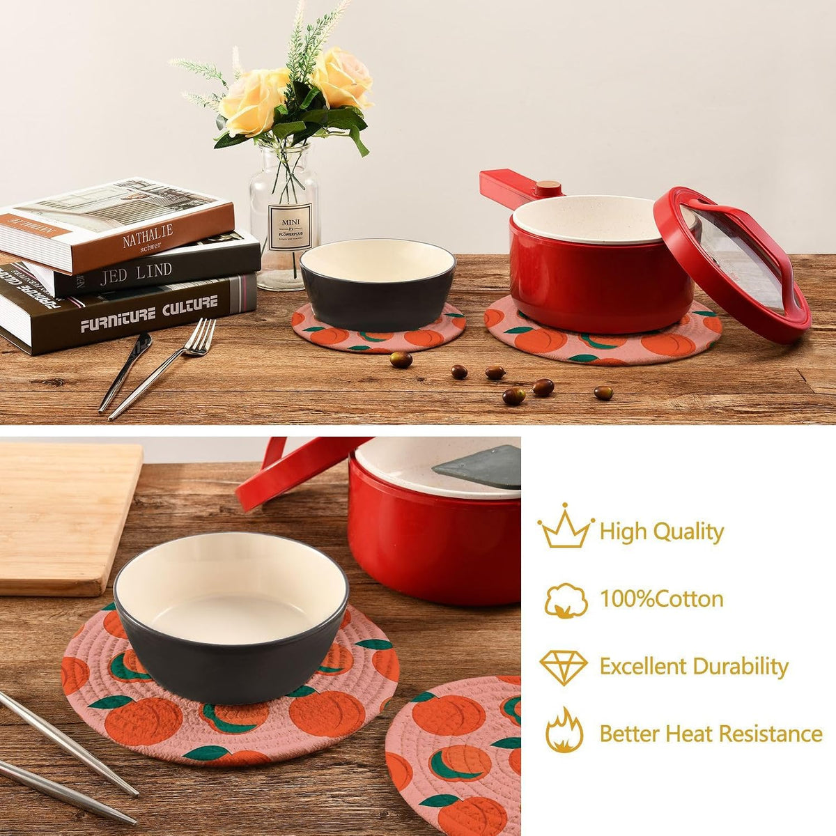 Trivets Peach Pattern Pot Holders Set of 2 Cotton Braided Hot Pads for Kitchen Table Mats Round Heat Resistant Placemats Absorbent Coasters for Dining Table Countertop Protection