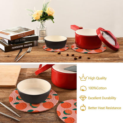 Trivets Peach Pattern Pot Holders Set of 2 Cotton Braided Hot Pads for Kitchen Table Mats Round Heat Resistant Placemats Absorbent Coasters for Dining Table Countertop Protection