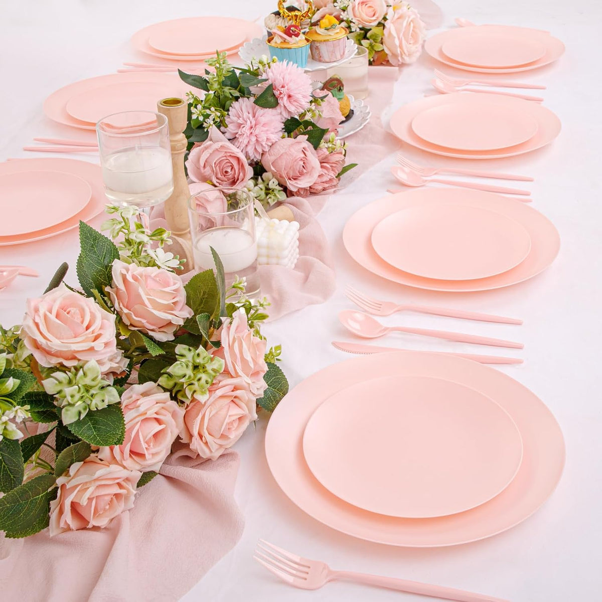 150pcs Heavy Duty Pink Plastic Plates for Wedding Matte Set