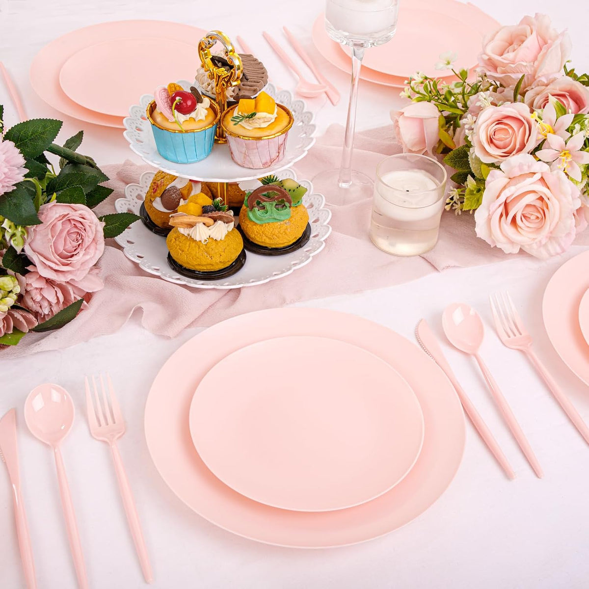 150pcs Heavy Duty Pink Plastic Plates for Wedding Matte Set