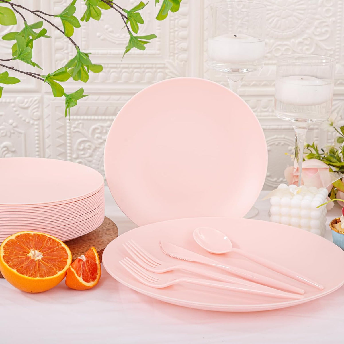 150pcs Heavy Duty Pink Plastic Plates for Wedding Matte Set