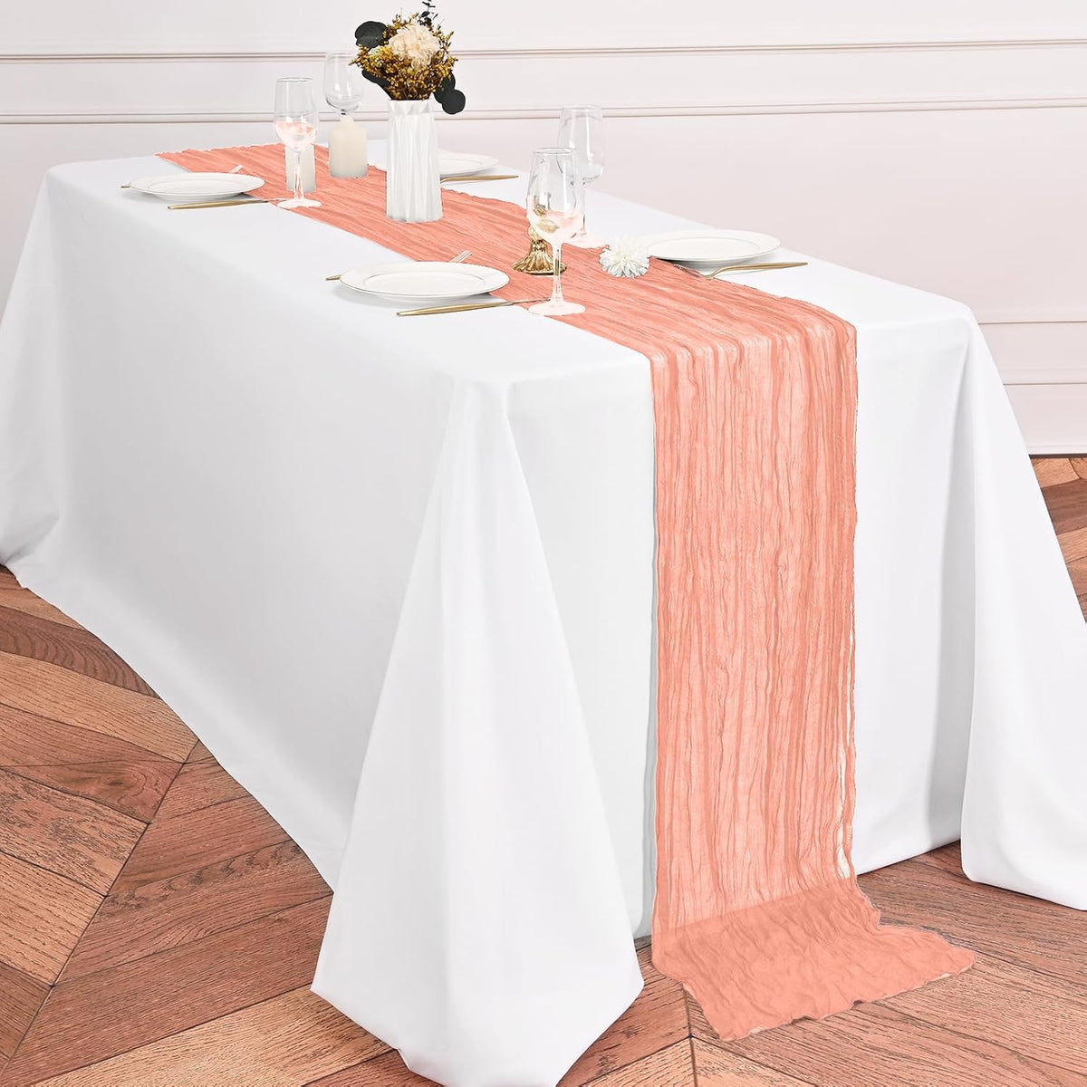 12 Pack Coral Table Runner 10Ft Cheesecloth Table Runner Rustic Gauze Table Runners Romantic Long Sheer Fabric Cheese Cloth Table Runners for Wedding Party Bridal Baby Shower