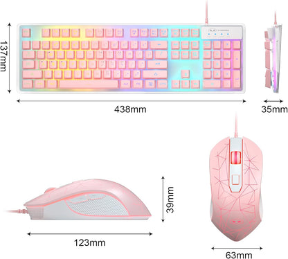 Gaming Keyboard and Mouse Combo, K1 RGB LED Backlit Keyboard with 104 Keys Computer PC Gaming Keyboard for PC/Laptop (Pink)