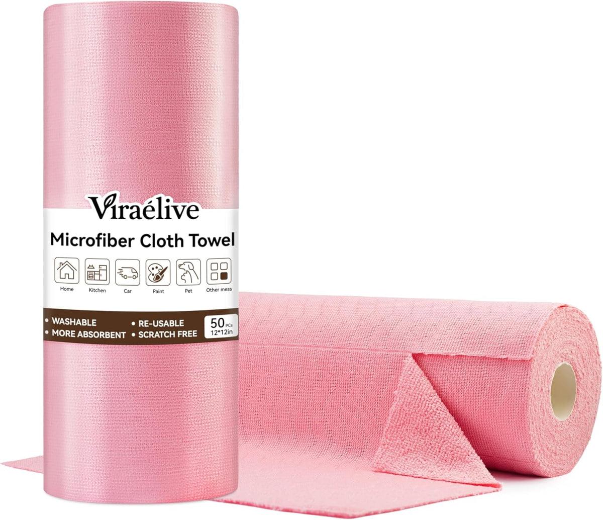 Viraelive Microfiber Cleaning Cloth Roll, 50 Pack, Pink Wave, 12"x12"