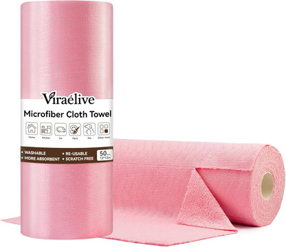 Viraelive Microfiber Cleaning Cloth Roll, 50 Pack, Pink Wave, 12"x12"