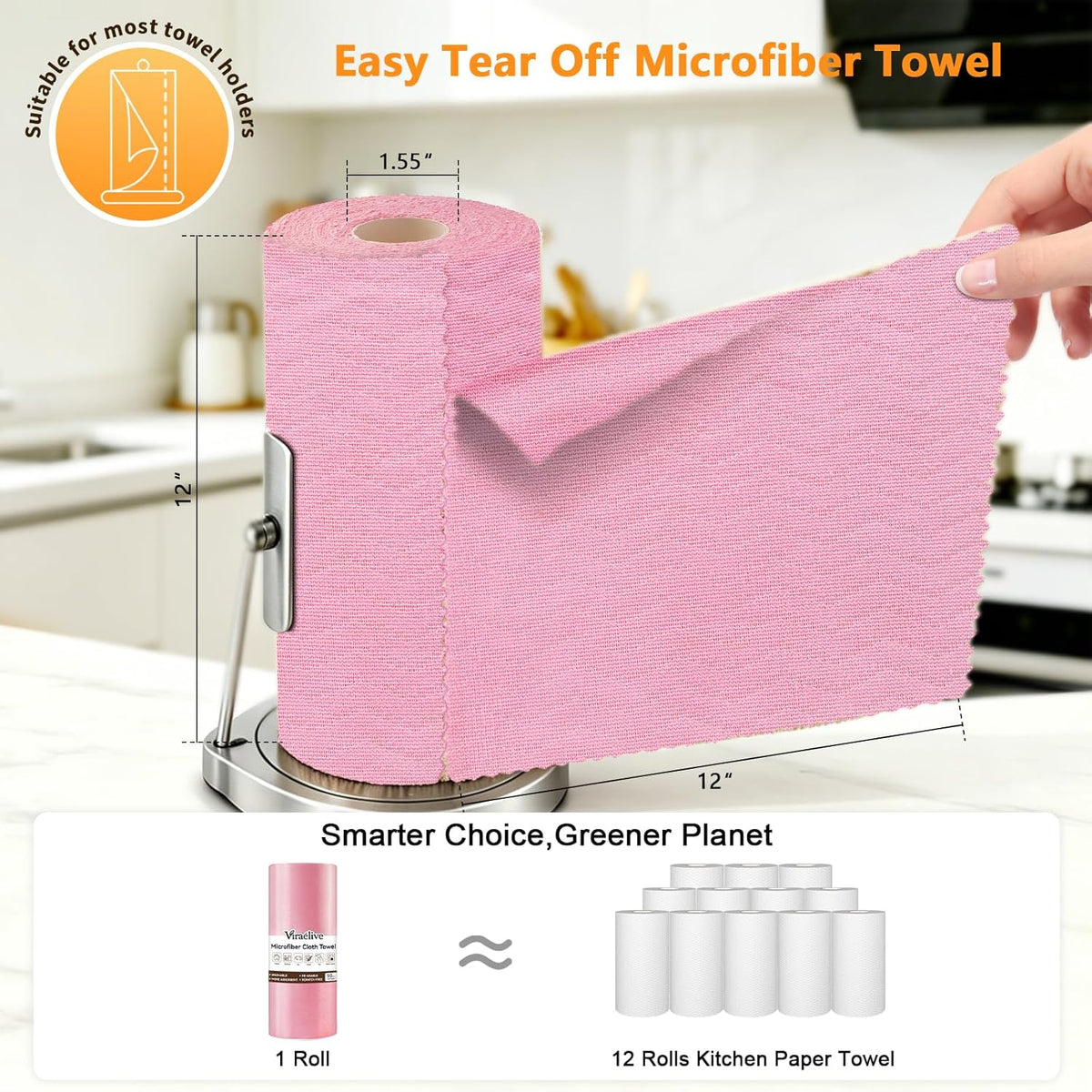 Viraelive Microfiber Cleaning Cloth Roll, 50 Pack, Pink Wave, 12"x12"