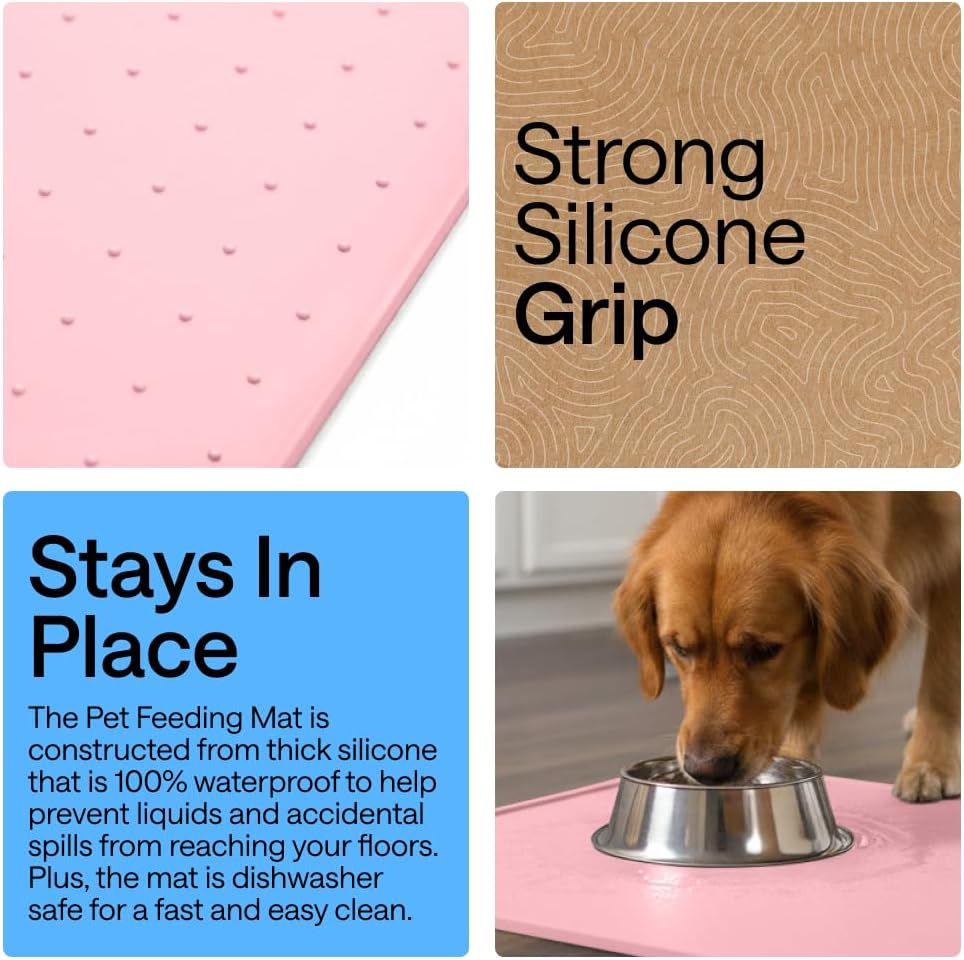 Dog Food Mat, 100% Waterproof Silicone, 18.5x11.5 Light Pink