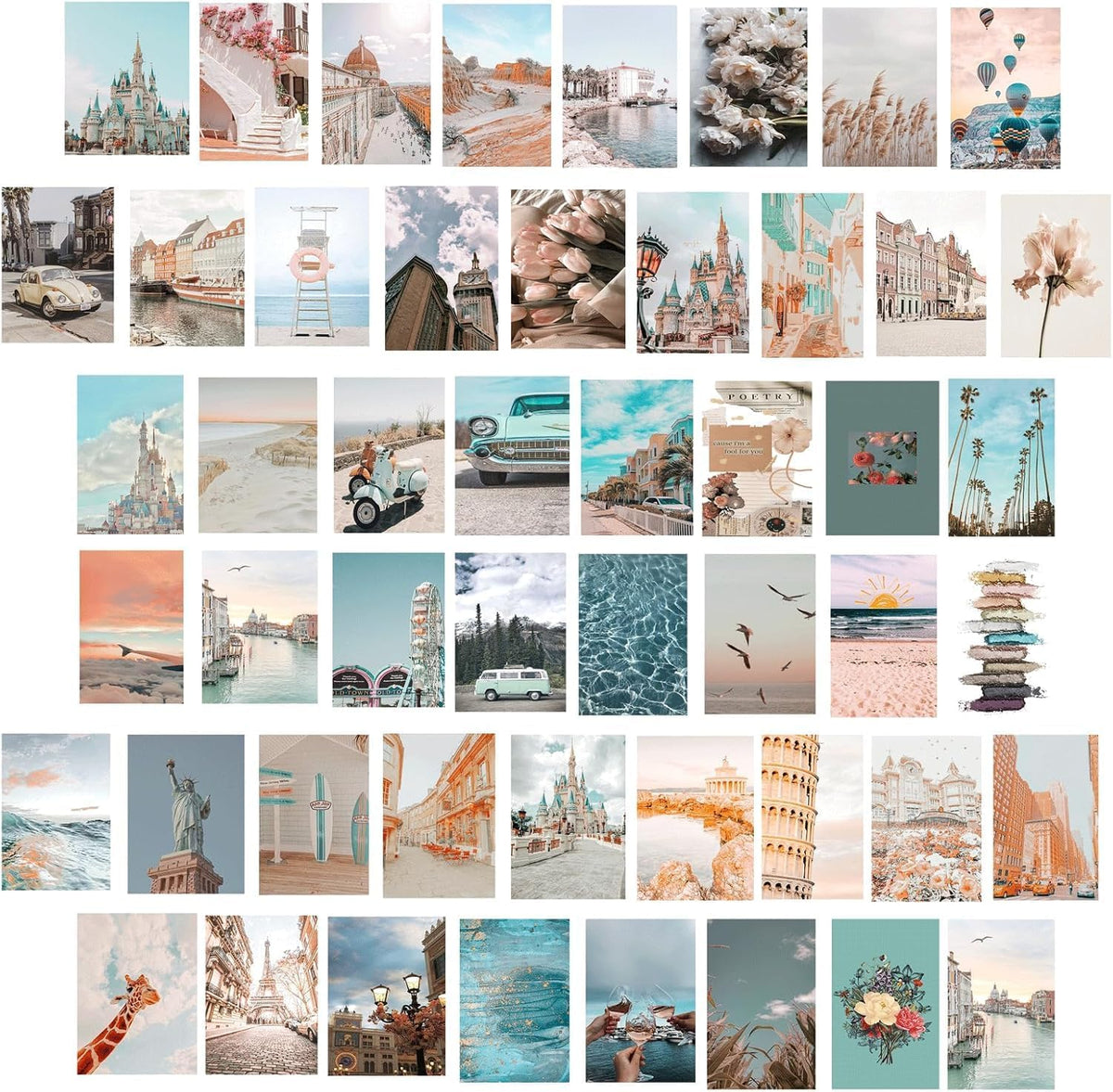 Peach Teal Wall Collage Kit Aesthetic Pictures, 50Pcs 4 x 6 Inch Blue Aesthetic Picture, Summer Beach Collage Print Kit, Trendy Cute Posters Photo Collage Kit for Dorm Bedroom Decor