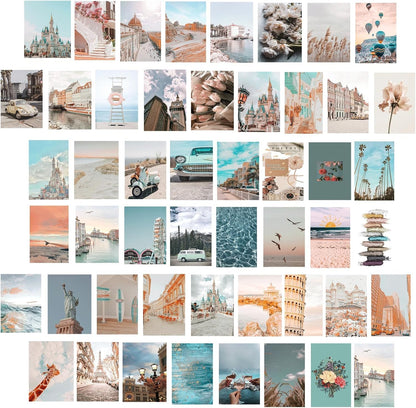 Peach Teal Wall Collage Kit Aesthetic Pictures, 50Pcs 4 x 6 Inch Blue Aesthetic Picture, Summer Beach Collage Print Kit, Trendy Cute Posters Photo Collage Kit for Dorm Bedroom Decor