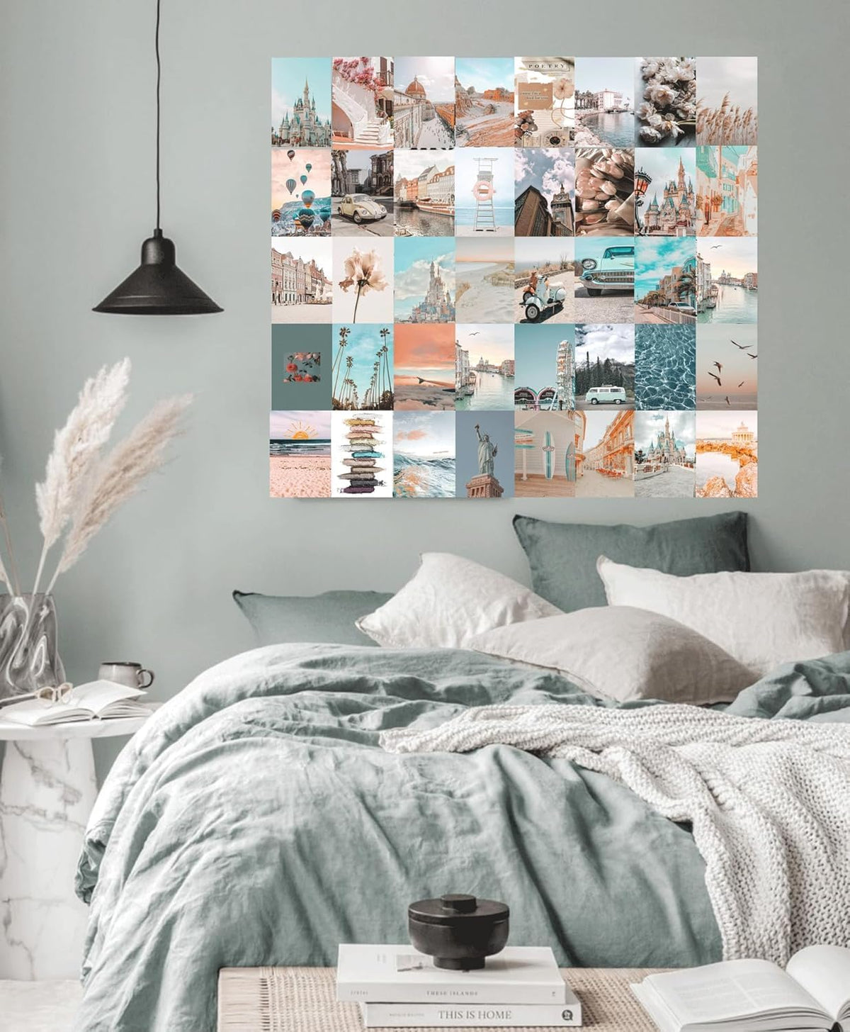 Peach Teal Wall Collage Kit Aesthetic Pictures, 50Pcs 4 x 6 Inch Blue Aesthetic Picture, Summer Beach Collage Print Kit, Trendy Cute Posters Photo Collage Kit for Dorm Bedroom Decor