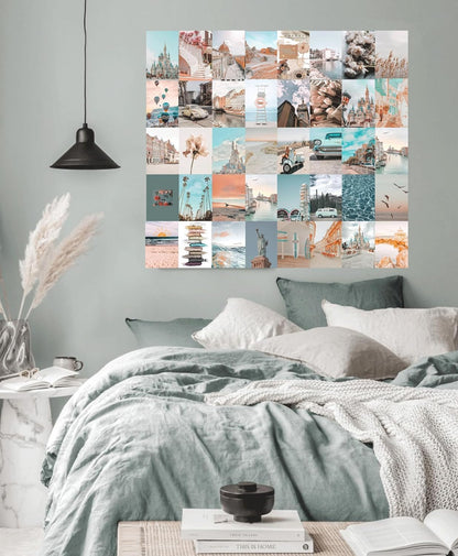 Peach Teal Wall Collage Kit Aesthetic Pictures, 50Pcs 4 x 6 Inch Blue Aesthetic Picture, Summer Beach Collage Print Kit, Trendy Cute Posters Photo Collage Kit for Dorm Bedroom Decor