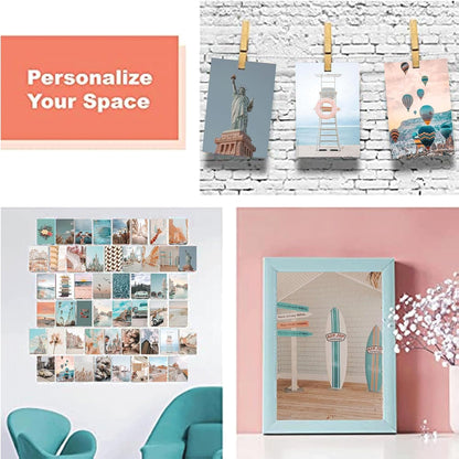 Peach Teal Wall Collage Kit Aesthetic Pictures, 50Pcs 4 x 6 Inch Blue Aesthetic Picture, Summer Beach Collage Print Kit, Trendy Cute Posters Photo Collage Kit for Dorm Bedroom Decor