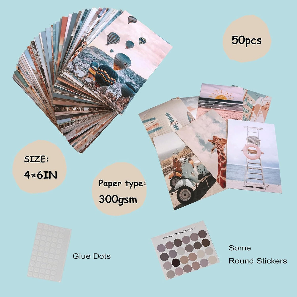 Peach Teal Wall Collage Kit Aesthetic Pictures, 50Pcs 4 x 6 Inch Blue Aesthetic Picture, Summer Beach Collage Print Kit, Trendy Cute Posters Photo Collage Kit for Dorm Bedroom Decor