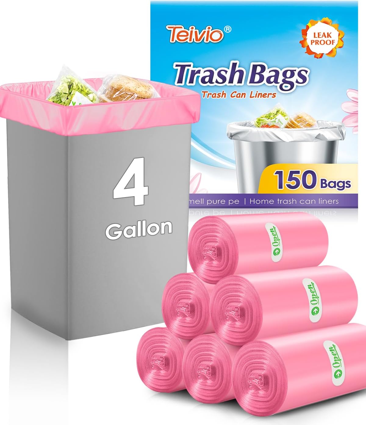 Small Pink Trash Bags 4 Gallon 150 Count Kitchen Garbage Bags