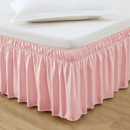 Wrap Around Elastic Bed Skirt for Queen & King Beds, 16" Drop, Pink