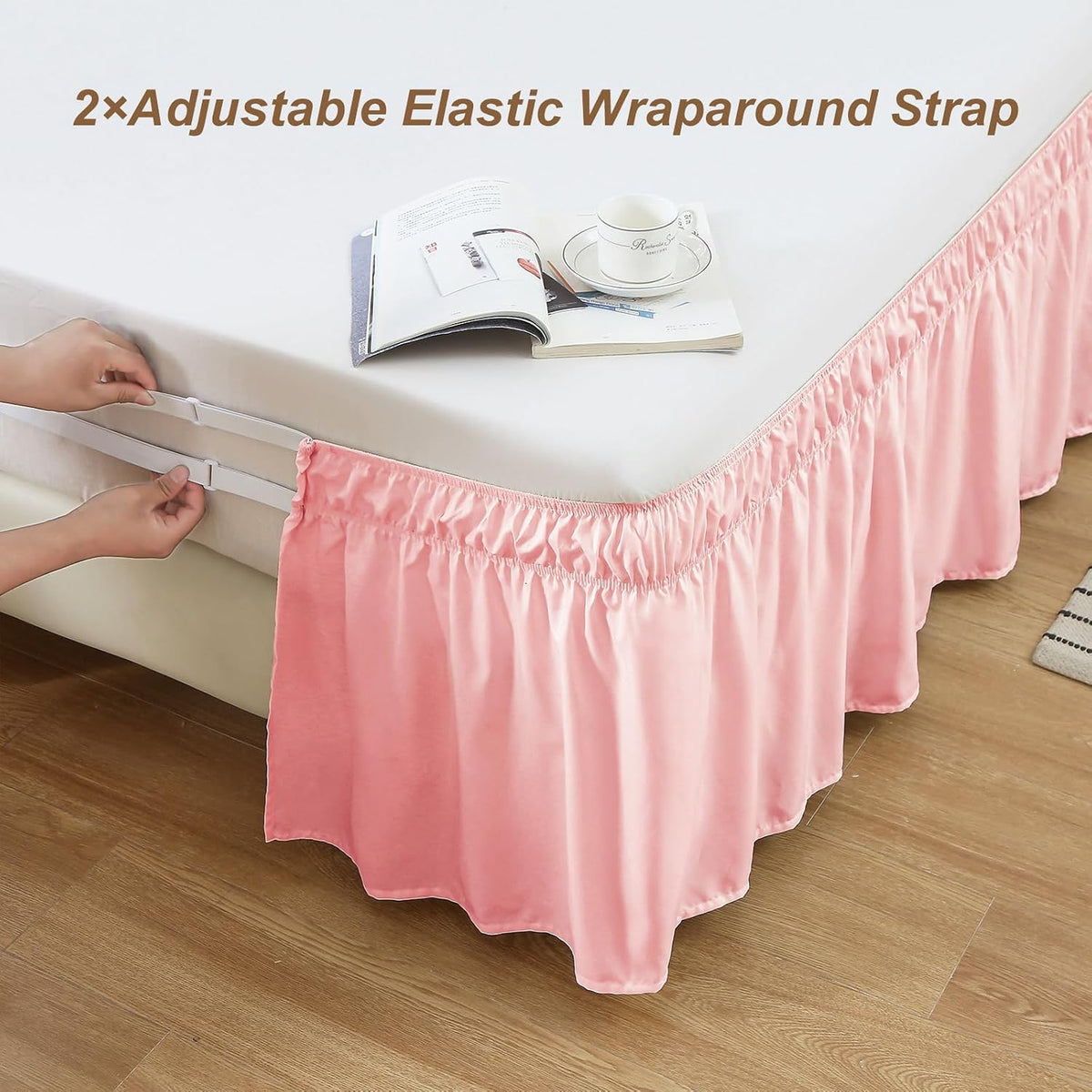 Wrap Around Elastic Bed Skirt for Queen & King Beds, 16" Drop, Pink