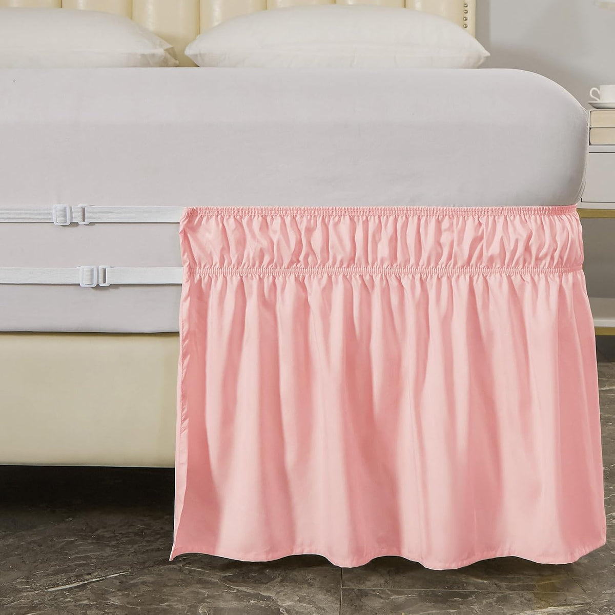 Wrap Around Elastic Bed Skirt for Queen & King Beds, 16" Drop, Pink