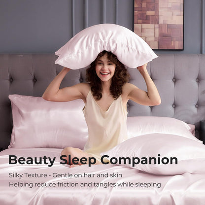 Satin Sheets King - 4 Pieces Luxury Soft Pink Silky Bed Sheets Set with Pillowcases - Smooth Silk-Like Satin Fabric, Reinforced 14 Inches Pocket, Oeko-Tex Certified