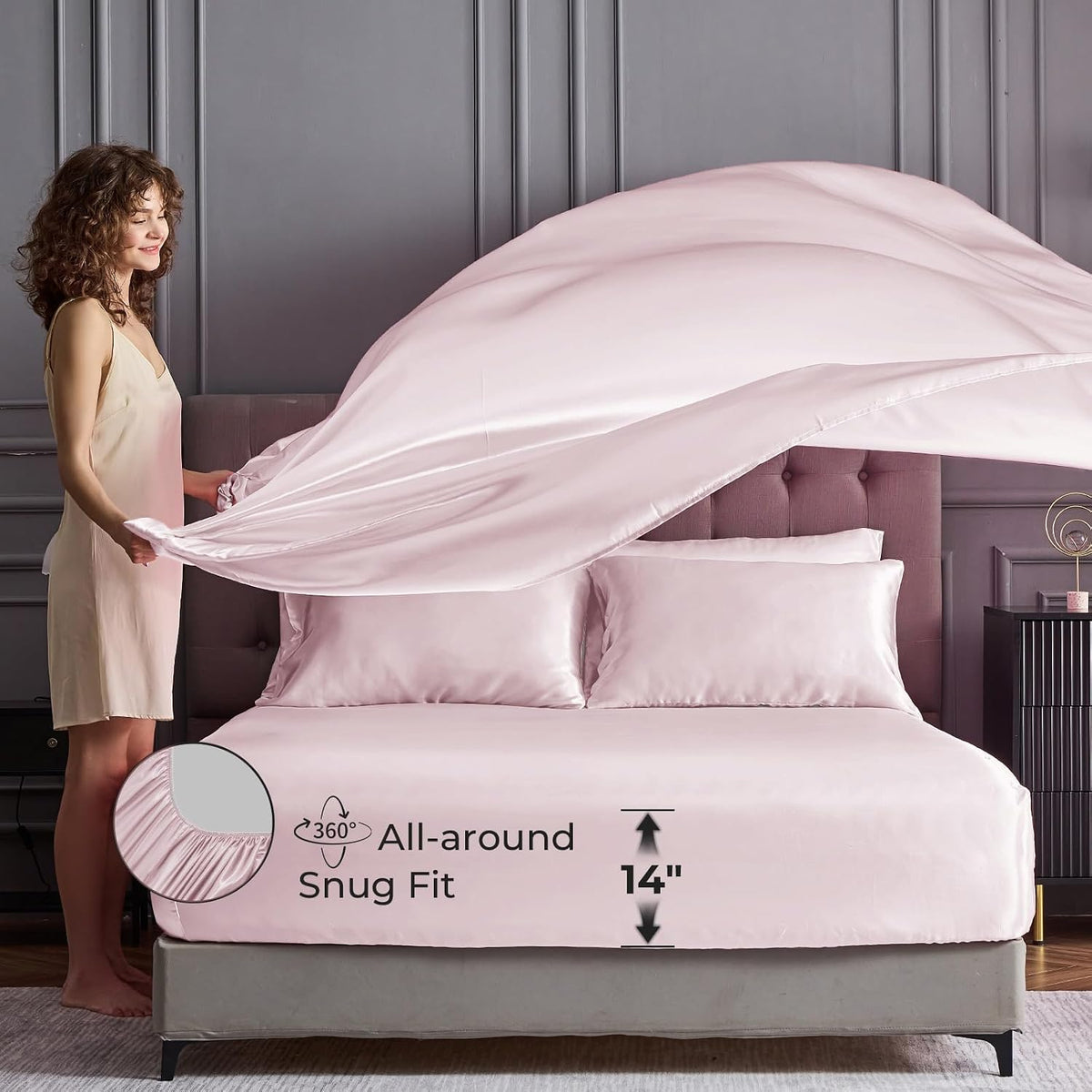 Satin Sheets King - 4 Pieces Luxury Soft Pink Silky Bed Sheets Set with Pillowcases - Smooth Silk-Like Satin Fabric, Reinforced 14 Inches Pocket, Oeko-Tex Certified