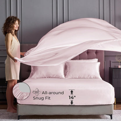 Satin Sheets King - 4 Pieces Luxury Soft Pink Silky Bed Sheets Set with Pillowcases - Smooth Silk-Like Satin Fabric, Reinforced 14 Inches Pocket, Oeko-Tex Certified