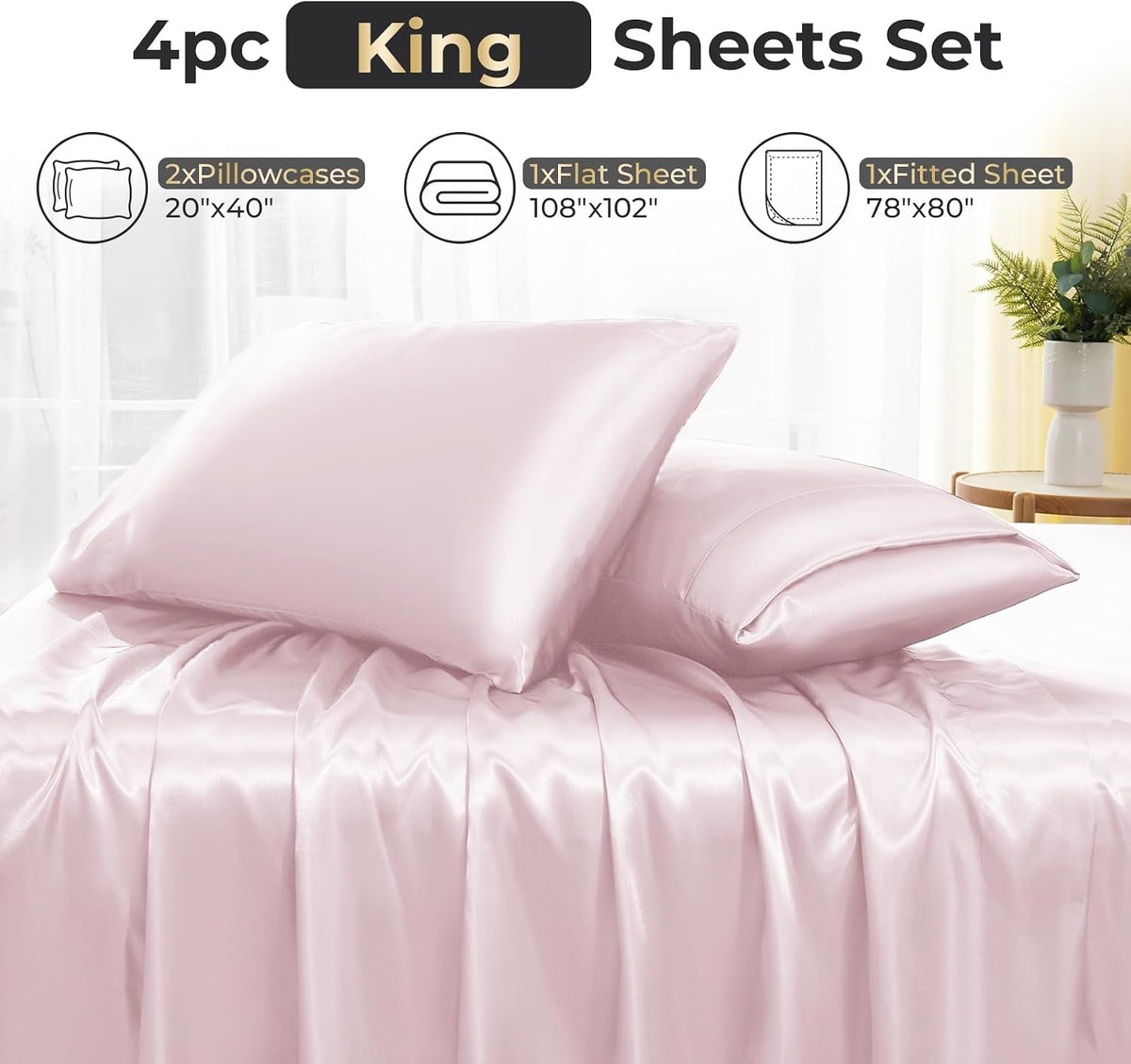 Satin Sheets King - 4 Pieces Luxury Soft Pink Silky Bed Sheets Set with Pillowcases - Smooth Silk-Like Satin Fabric, Reinforced 14 Inches Pocket, Oeko-Tex Certified