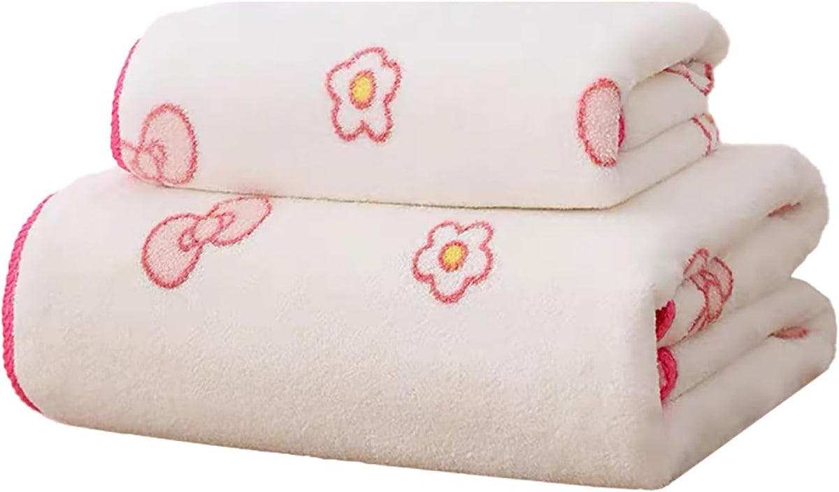 Pink Bath Towels,Soft, Absorbent and Quick Drying Microfiber Bath Towels Set of 2 ，27.5x55 inch Bow Patterned Bath Towel and 13.7x29.5 inch Hand Towel, Suitable for bathrooms, Gyms, Swimming Pools