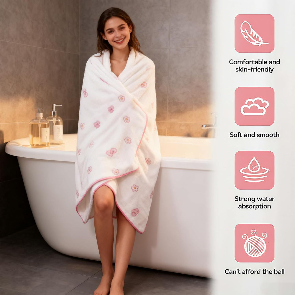 Pink Bath Towels,Soft, Absorbent and Quick Drying Microfiber Bath Towels Set of 2 ，27.5x55 inch Bow Patterned Bath Towel and 13.7x29.5 inch Hand Towel, Suitable for bathrooms, Gyms, Swimming Pools