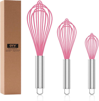 Pink Silicone Whisk Set of 3, 8/10/12 Inch, Non-Scratch