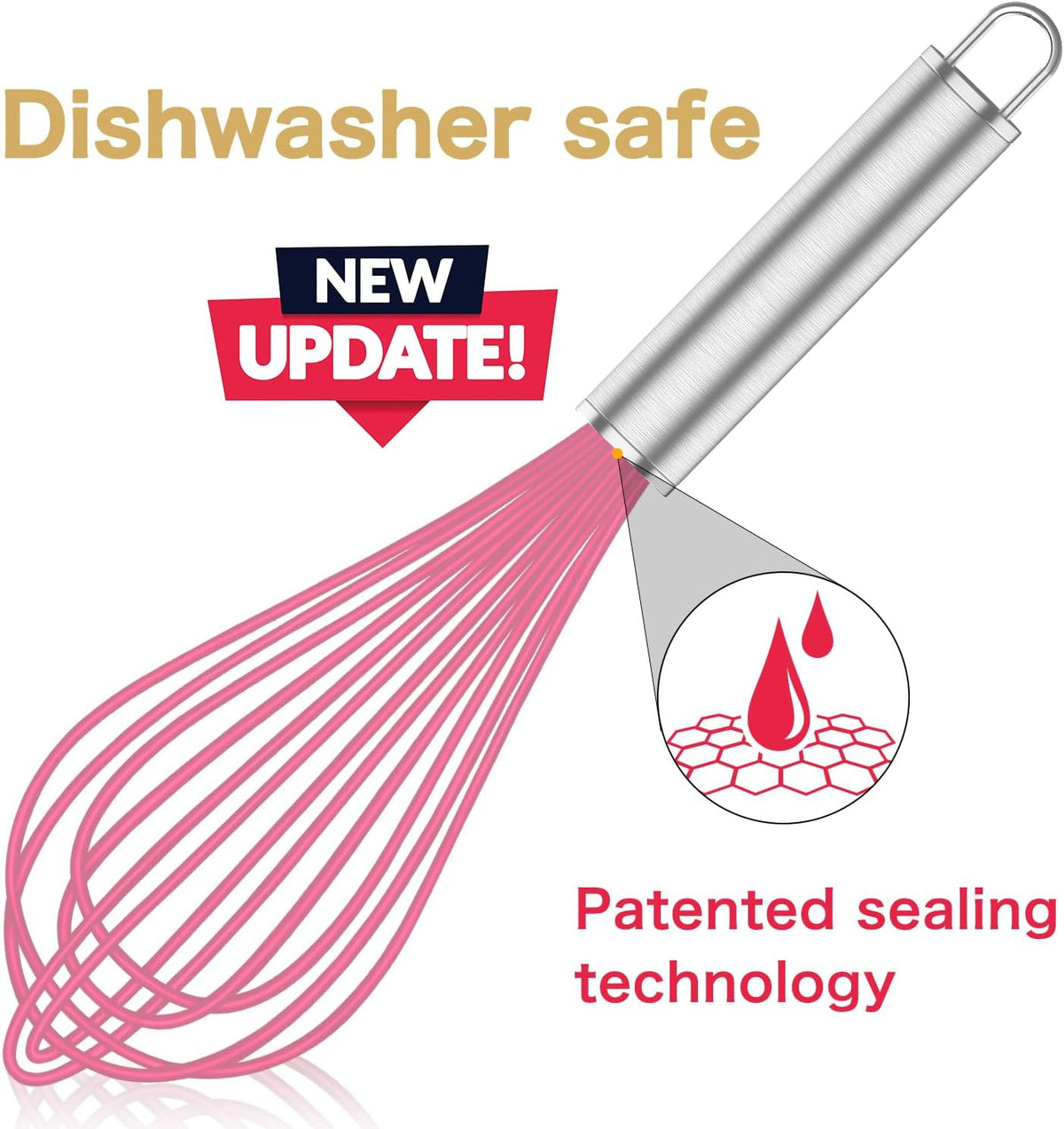 Pink Silicone Whisk Set of 3, 8/10/12 Inch, Non-Scratch