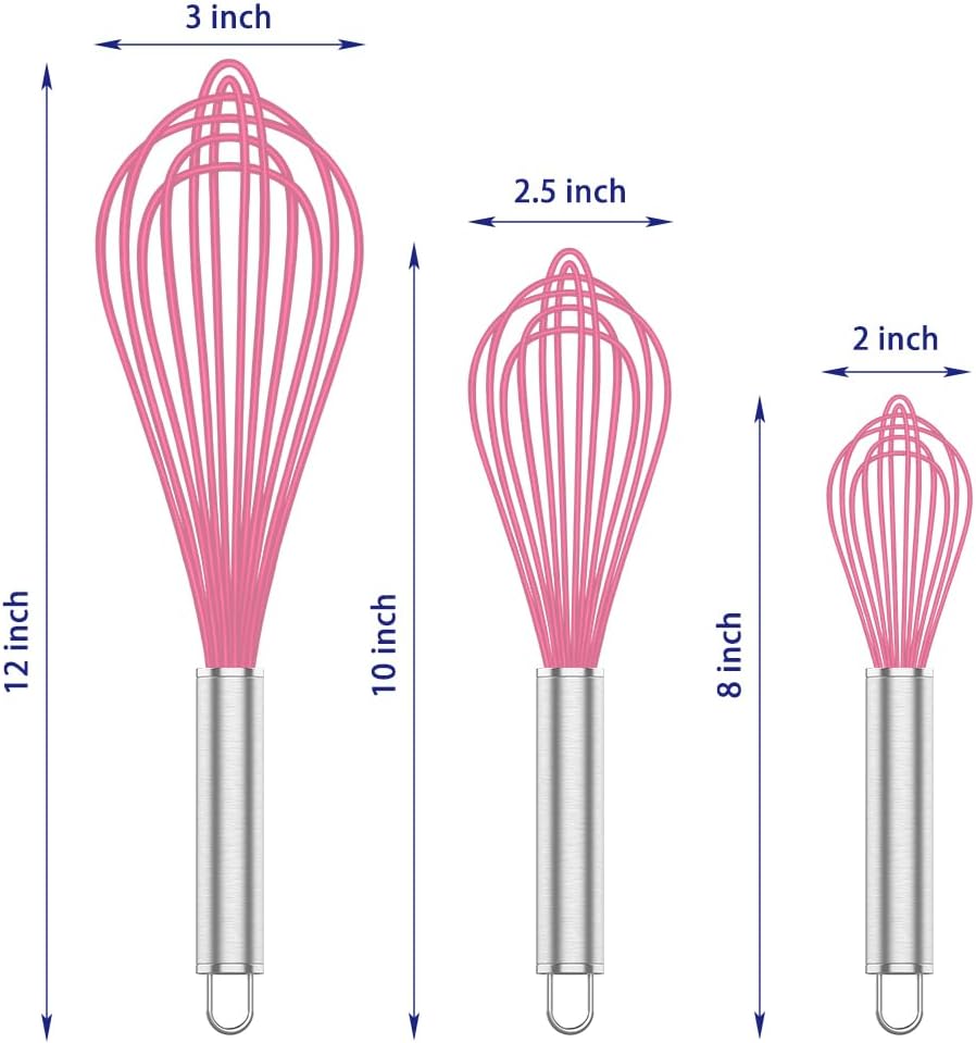 Pink Silicone Whisk Set of 3, 8/10/12 Inch, Non-Scratch