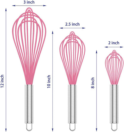 Pink Silicone Whisk Set of 3, 8/10/12 Inch, Non-Scratch