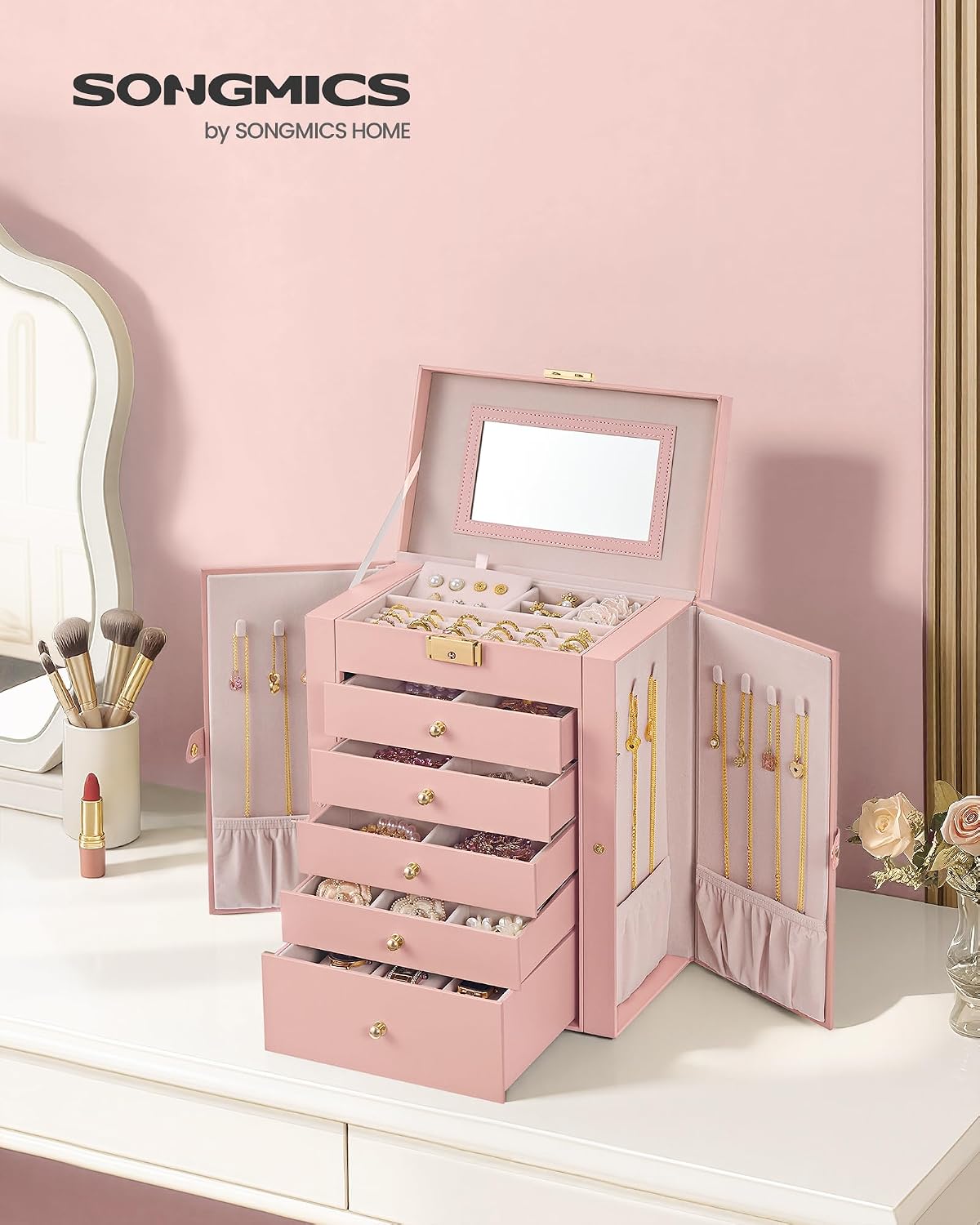 SONGMICS 6-Layer Jewelry Box Organizer with 5 Drawers, Lock and Mirror