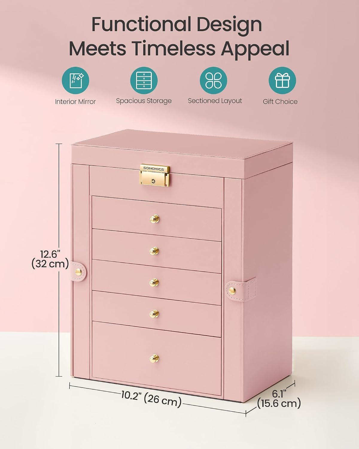 SONGMICS 6-Layer Jewelry Box Organizer with 5 Drawers, Lock and Mirror
