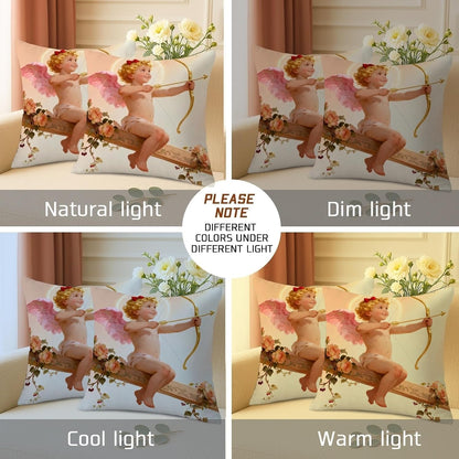 Cherub Throw Pillow Covers Set of 2, Romantic Fanciful Bow Wings Valentine Pastel Peach with Hidden Zipper Cover Decorative Pillows for Living Room Bedroom Loft Office Car Decor 18x18 Inch