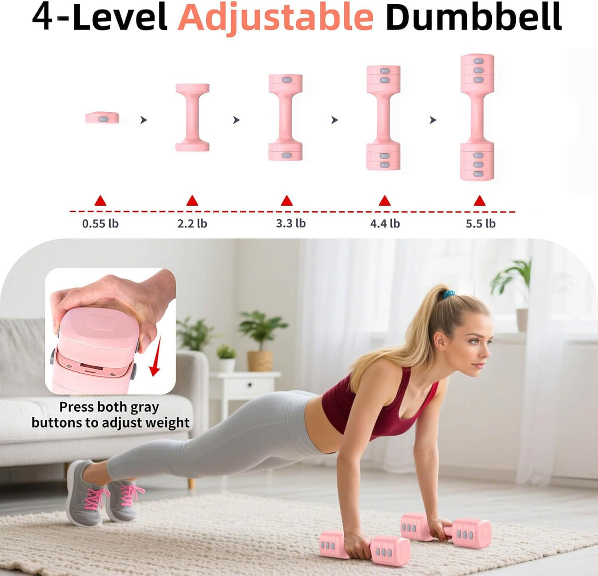 2-in-1 Adjustable Dumbbell Set, 4-Level Weights for Women