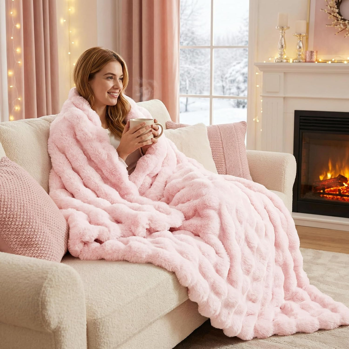 Soft Faux Bubble Rabbit Fur Blanket Twin Size, Thick Cozy Decorative Warm Fuzzy Fur Blanket for Bed Couch Sofa Chair Bedroom Living Room Dorm Gift, 60 * 70 Inches, Pink