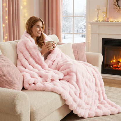 Soft Faux Bubble Rabbit Fur Blanket Twin Size, Thick Cozy Decorative Warm Fuzzy Fur Blanket for Bed Couch Sofa Chair Bedroom Living Room Dorm Gift, 60 * 70 Inches, Pink