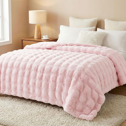 Soft Faux Bubble Rabbit Fur Blanket Twin Size, Thick Cozy Decorative Warm Fuzzy Fur Blanket for Bed Couch Sofa Chair Bedroom Living Room Dorm Gift, 60 * 70 Inches, Pink
