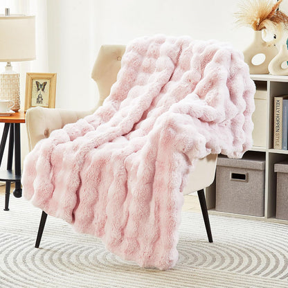 Soft Faux Bubble Rabbit Fur Blanket Twin Size, Thick Cozy Decorative Warm Fuzzy Fur Blanket for Bed Couch Sofa Chair Bedroom Living Room Dorm Gift, 60 * 70 Inches, Pink